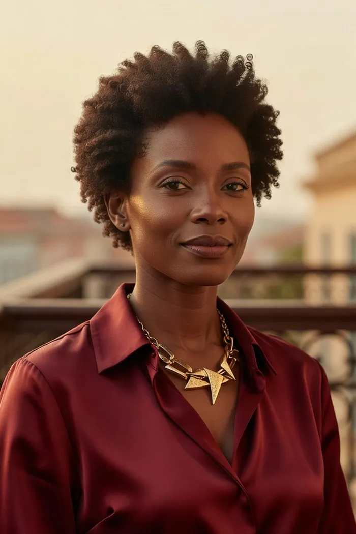 Portrait généré par IA d'une femme fictive aux cheveux afro courts, blouse bordeaux et collier d'or sur un balcon de Saint-Louis, ne représente pas une personne réelle
