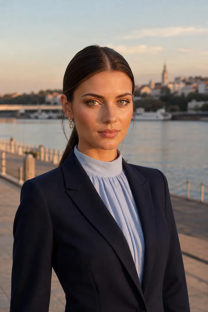 Portrait genere par IA d'une femme aux cheveux noirs tires, blazer bleu marine et chemisier bleu clair devant le Danube, ne represente pas une personne reelle
