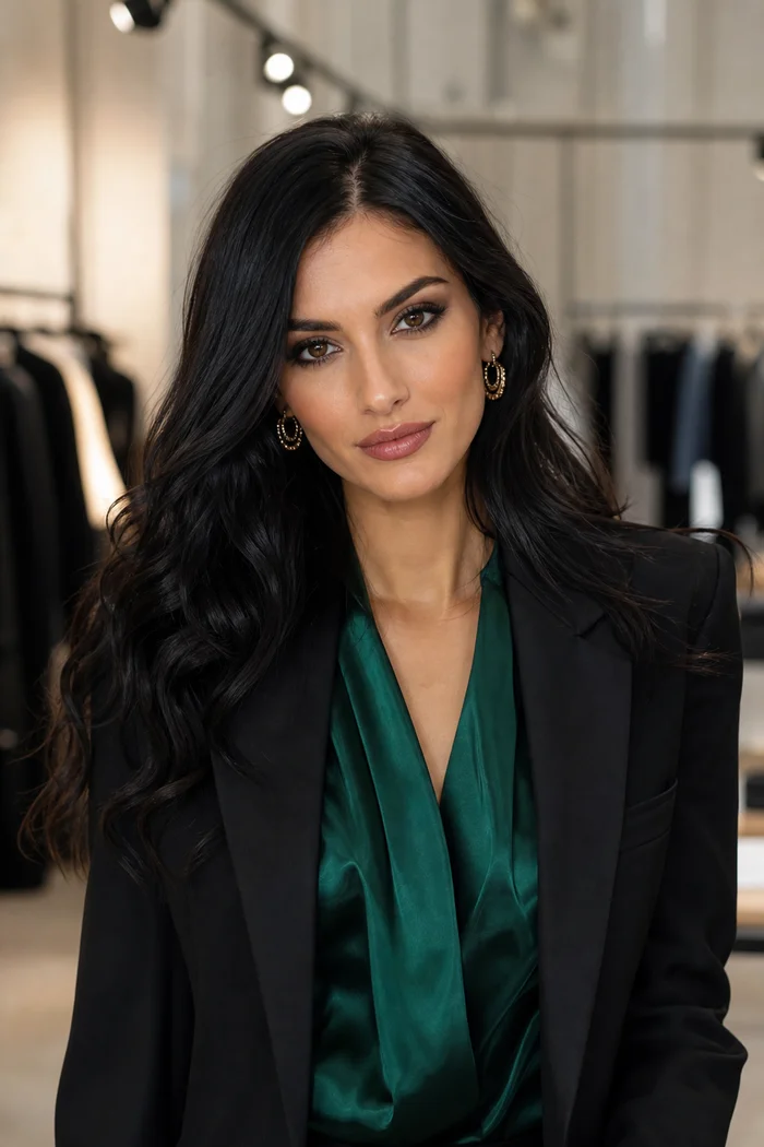 Portrait genere par IA d'une femme aux cheveux noirs ondules en blouse vert emeraude dans un studio mode de Belgrade, ne represente pas une personne reelle
