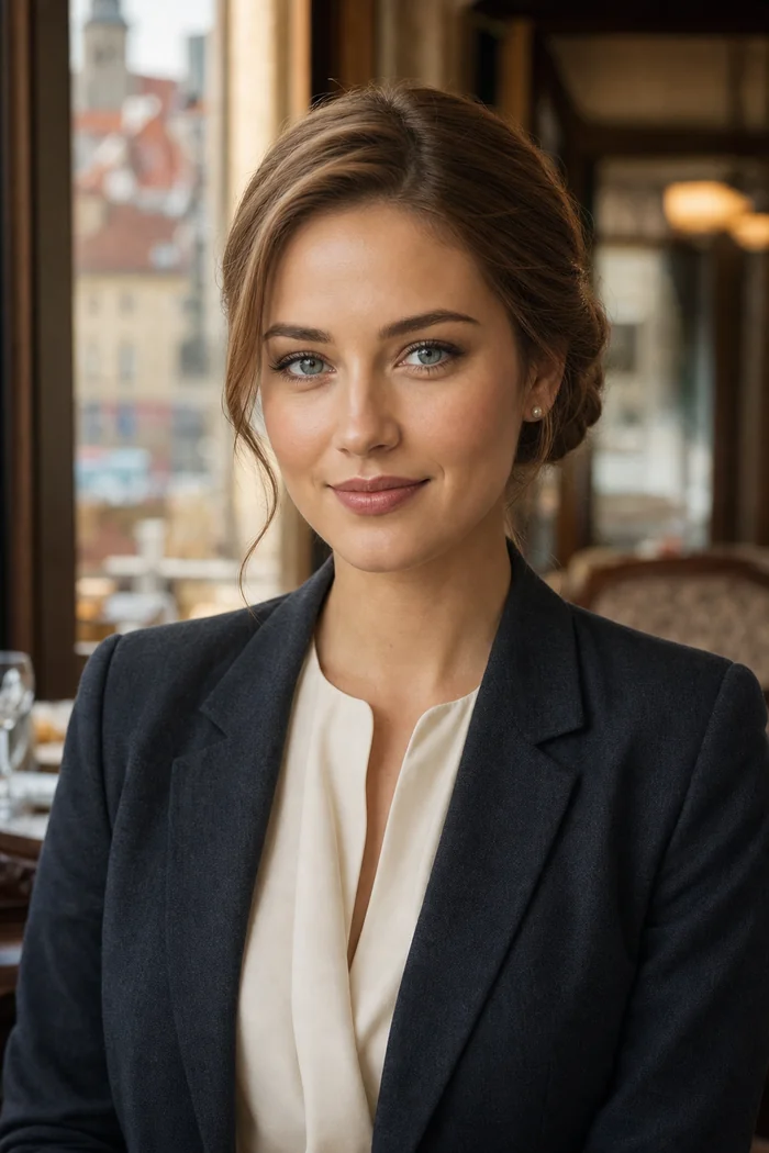 Portrait genere par IA d'une femme fictive au chignon blond fonce, blouse ivoire et blazer sombre dans un cafe de Bratislava