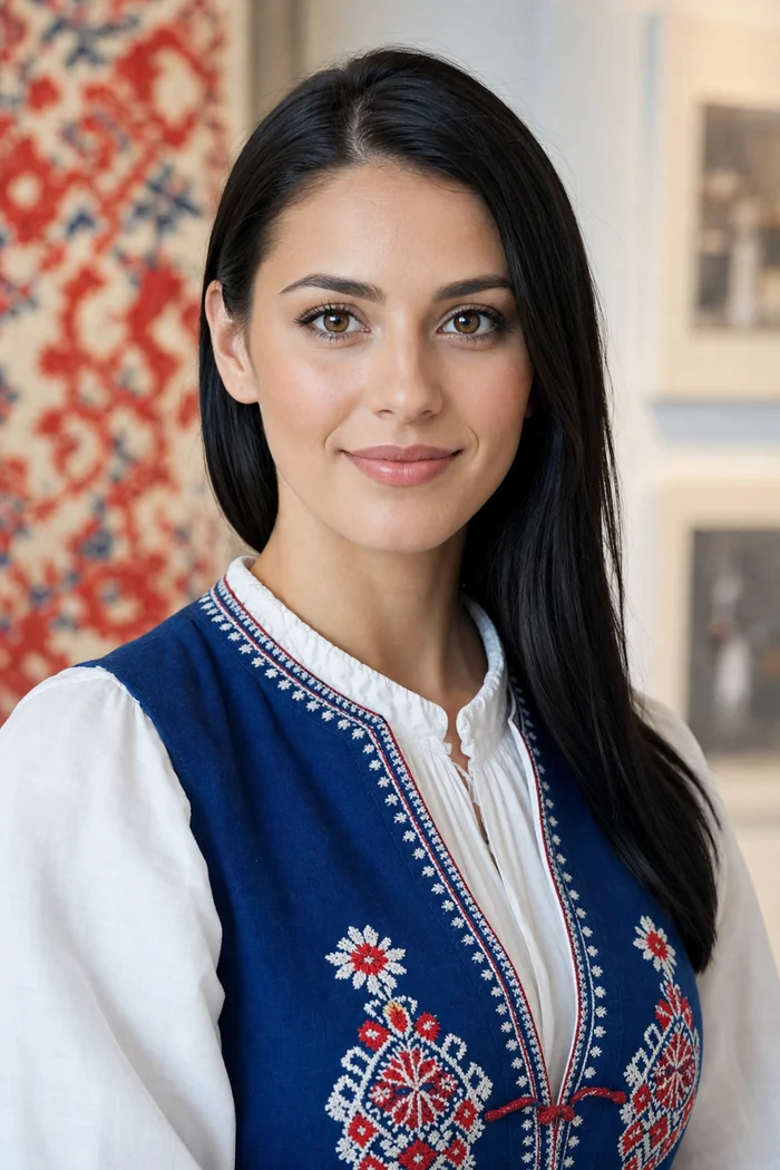 Portrait genere par IA d'une femme fictive aux cheveux noirs, veston bleu et blouse blanche devant un textile brode
