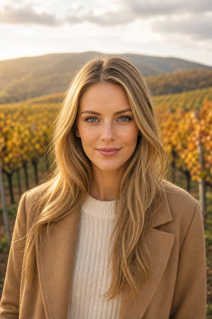 Portrait genere par IA d'une femme fictive aux longs cheveux blonds, manteau camel et pull creme dans un vignoble slovaque