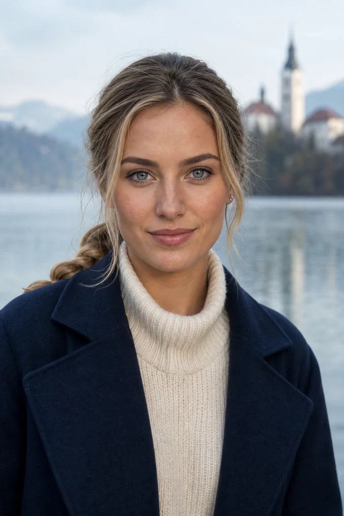 Portrait généré par IA d'une femme blond foncé en manteau bleu marine et col roulé ivoire devant le lac de Bled, ne représente pas une personne réelle