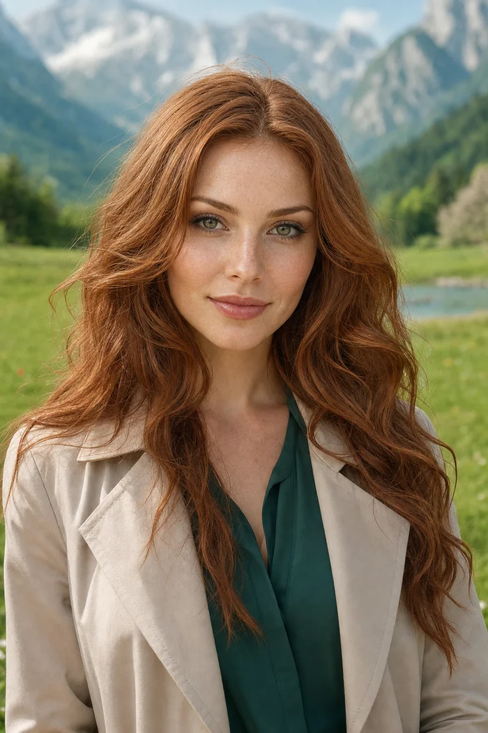 Portrait généré par IA d'une femme rousse aux yeux verts, trench beige et blouse vert forêt devant une vallée alpine, ne représente pas une personne réelle