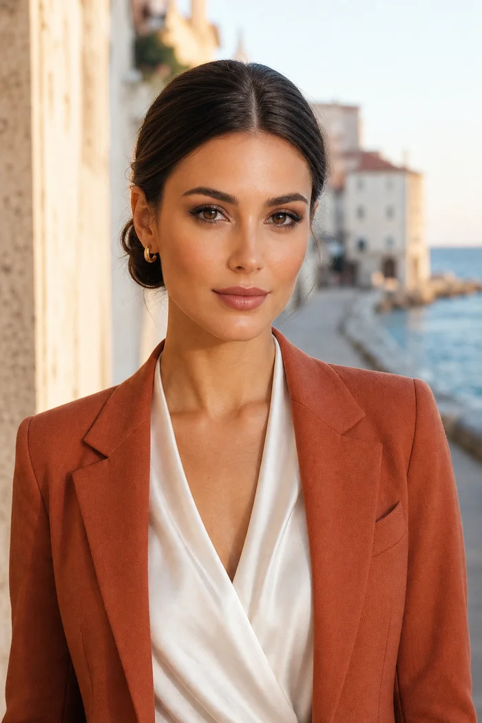 Portrait généré par IA d'une femme brune au chignon bas, veste terracotta et blouse blanche sur une promenade de Piran, ne représente pas une personne réelle