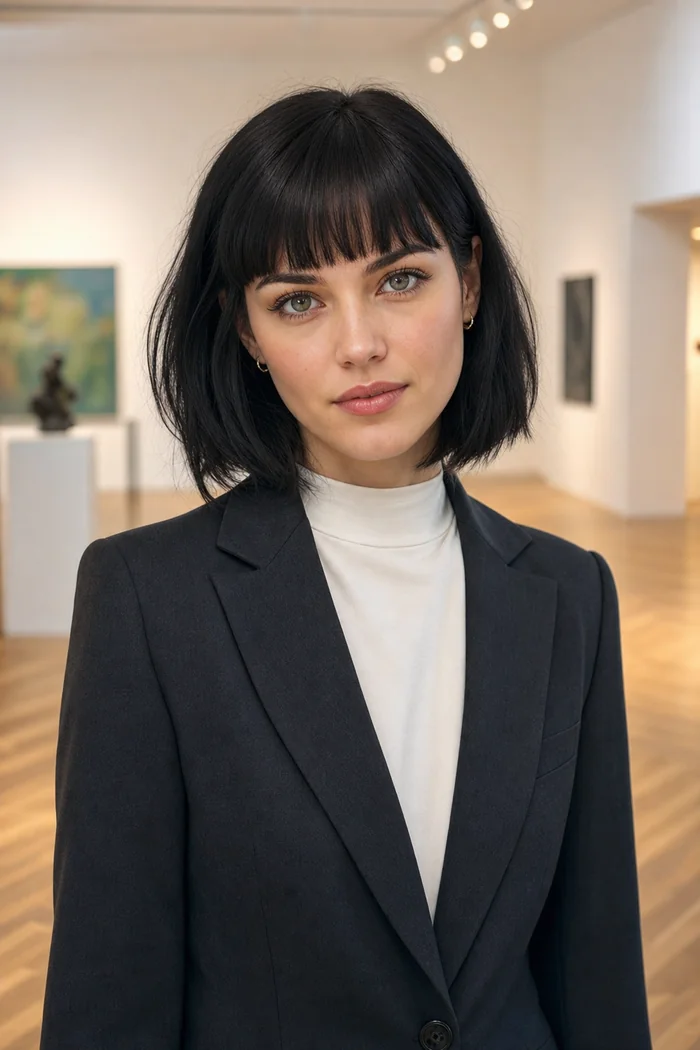 Portrait généré par IA d'une femme au carré noir et frange droite, blazer charbon et col ivoire dans une galerie de Ljubljana, ne représente pas une personne réelle