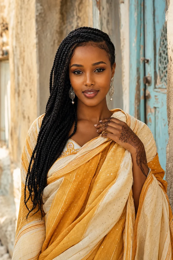 Portrait IA d'une femme fictive aux longues tresses noires, guntiino safran et porte bleue usee en arriere-plan
