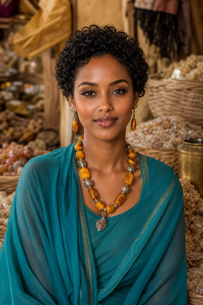 Portrait IA d'une femme fictive aux boucles courtes, robe teal et collier d'ambre dans un marche d'encens
