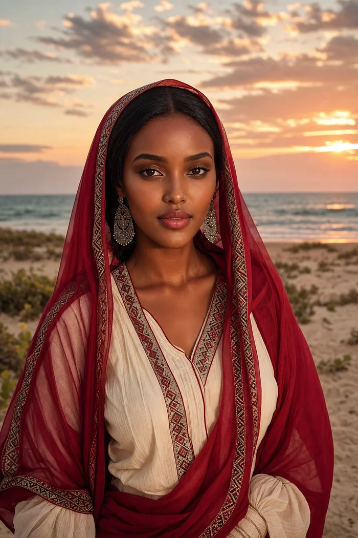 Portrait IA d'une femme fictive au voile rouge transparent devant une plage somalienne au coucher du soleil