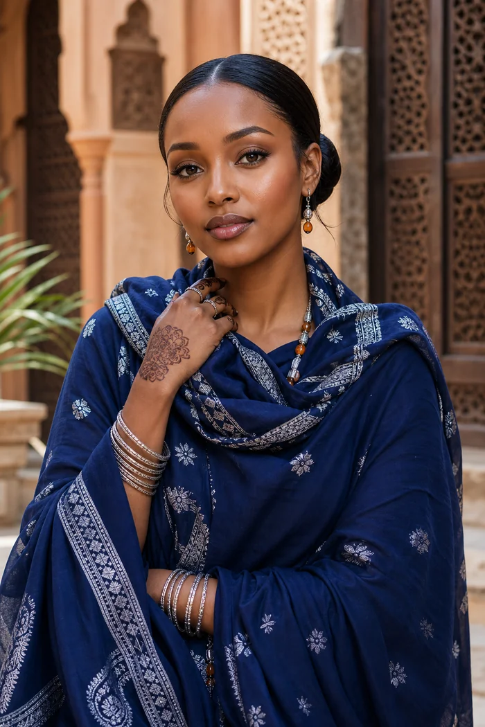 Portrait IA d'une femme fictive en dirac indigo, chignon bas et bracelets d'argent dans une cour sculptee