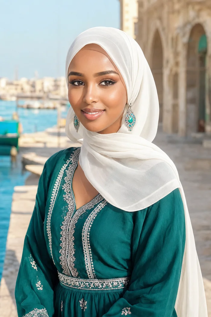 Portrait IA d'une femme fictive en hijab blanc, robe emeraude brodee et port de Berbera floute