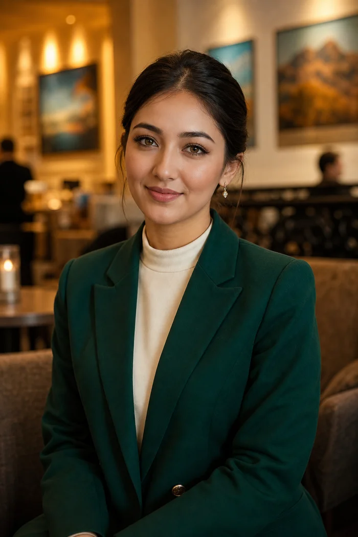 Portrait généré par IA d'une femme aux cheveux tirés en arrière et au blazer vert émeraude dans un intérieur chaud, ne représente pas une personne réelle