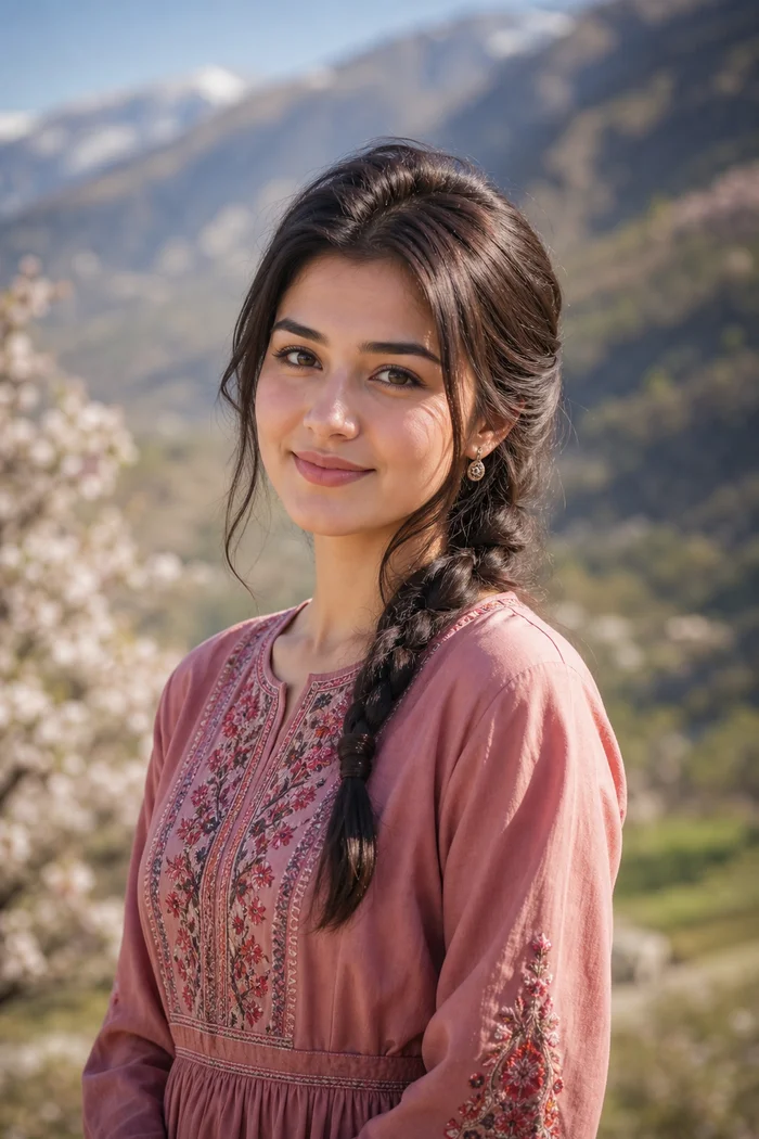 Portrait généré par IA d'une femme aux cheveux tressés et à la robe rose brodée devant une vallée montagneuse, ne représente pas une personne réelle