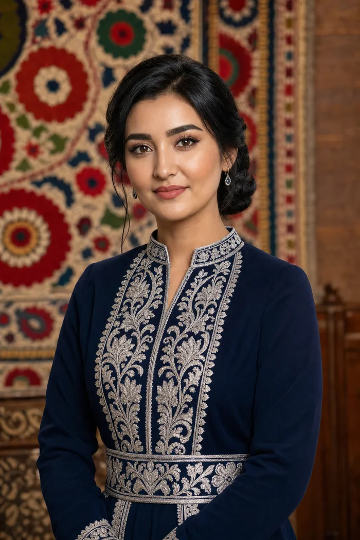 Portrait généré par IA d'une femme au chignon bas et à la robe bleu marine brodée devant un textile rouge, ne représente pas une personne réelle