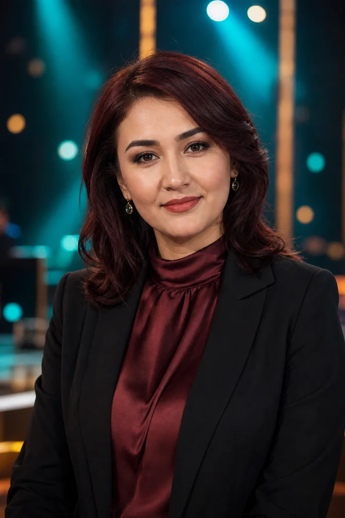 Portrait généré par IA d'une femme aux cheveux auburn et au chemisier bordeaux sous une veste noire devant des lumières de scène, ne représente pas une personne réelle