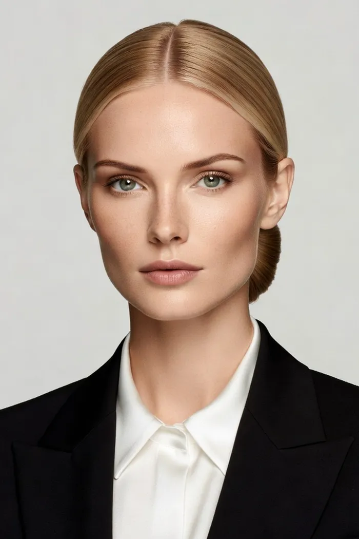 Portrait généré par IA d'une femme aux cheveux blonds coiffés en chignon bas et au blazer noir, sur fond gris uni, ne représente pas une personne réelle