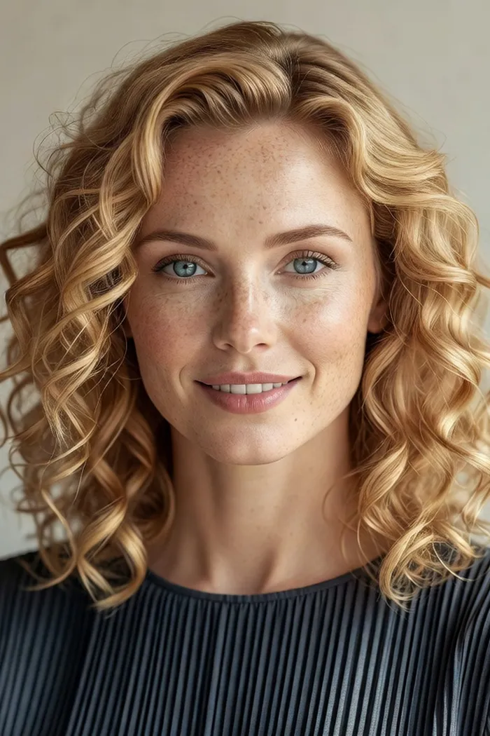 Portrait généré par IA d'une femme aux cheveux blonds bouclés et au visage constellé de taches de rousseur, haut gris plissé, ne représente pas une personne réelle
