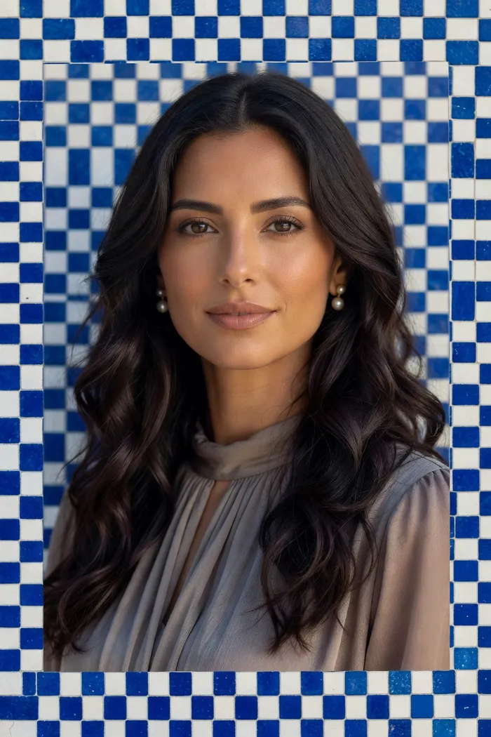 Portrait généré par IA d'une femme fictive aux longs cheveux noirs ondulés, blouse grise et mosaïque bleue et blanche en arrière-plan, ne représente pas une personne réelle