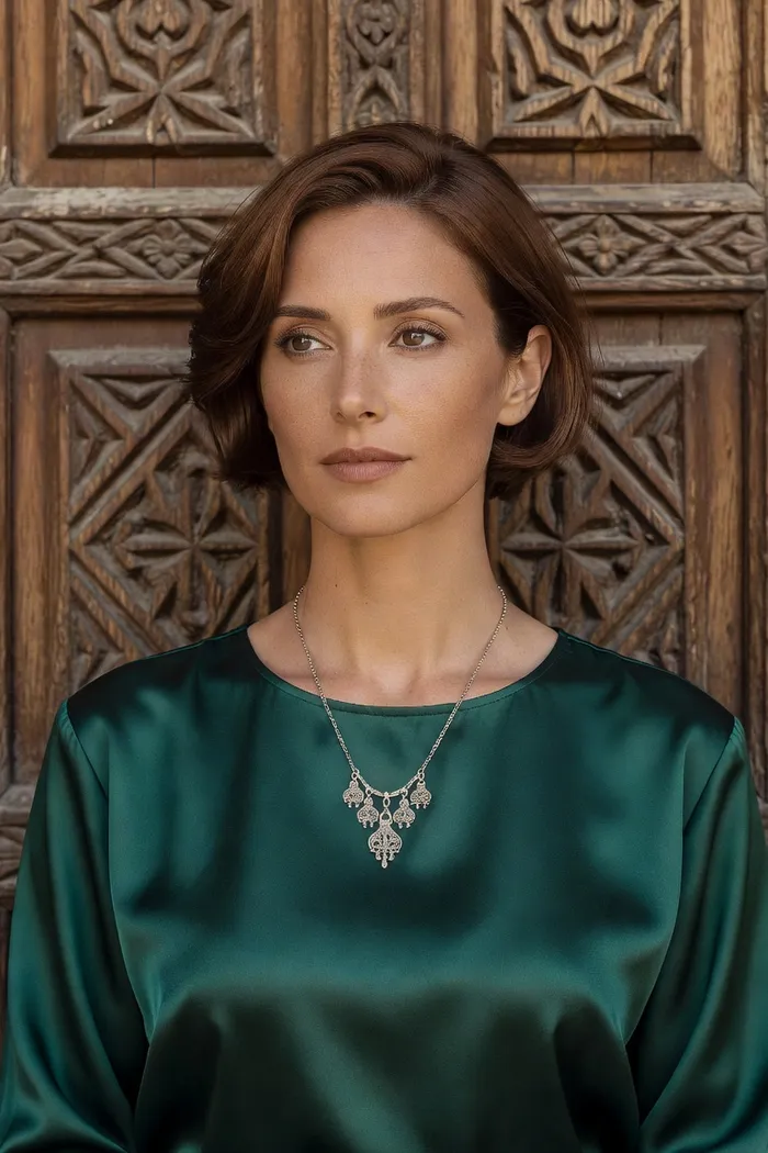 Portrait généré par IA d'une femme fictive au carré châtain, blouse satin vert émeraude et porte sculptée de médina, ne représente pas une personne réelle