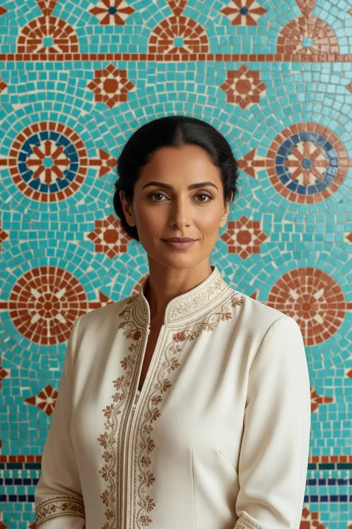 Portrait généré par IA d'une femme fictive aux cheveux noirs en chignon bas, veste crème brodée et mosaïque turquoise, ne représente pas une personne réelle