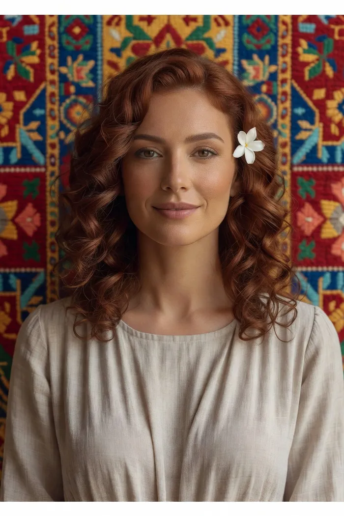 Portrait généré par IA d'une femme fictive aux boucles auburn, robe lin clair et fleur de jasmin devant un textile coloré de Djerba, ne représente pas une personne réelle