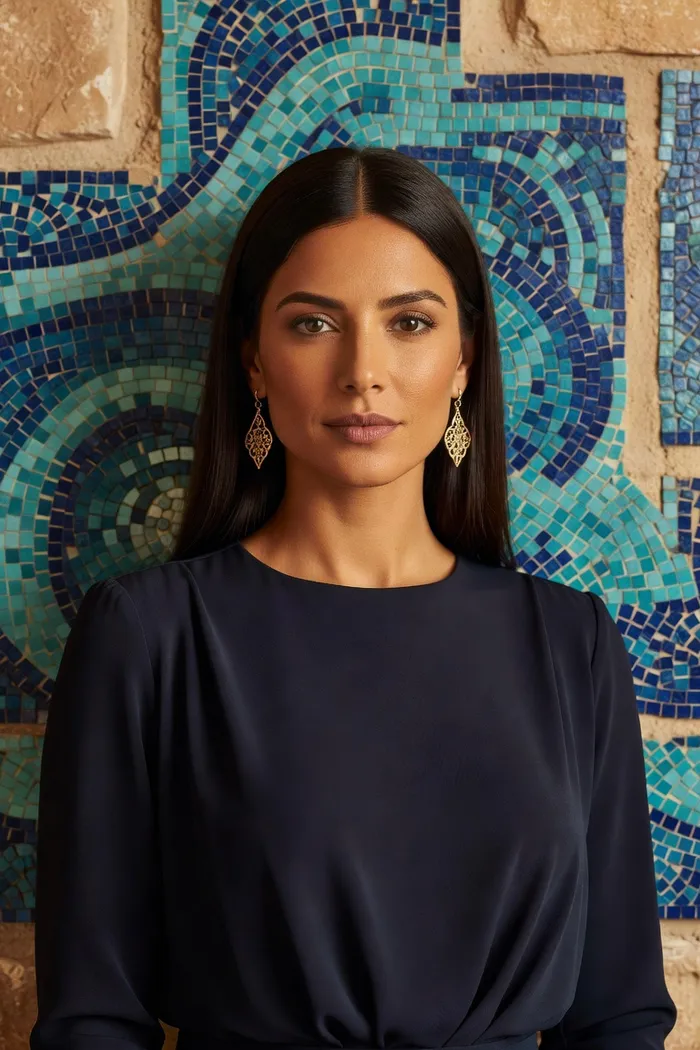 Portrait généré par IA d'une femme fictive aux cheveux noirs lisses, robe bleu nuit et bijoux dorés devant une mosaïque de Carthage, ne représente pas une personne réelle