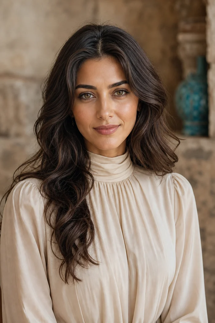 Femme fictive aux longs cheveux bruns ondulés, blouse ivoire et yeux noisette-verts devant un décor de pierre chaleureux.