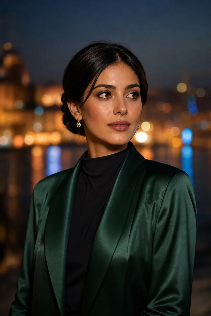 Femme fictive aux cheveux noirs en chignon bas, veste vert émeraude et col roulé noir devant des lumières nocturnes floues.