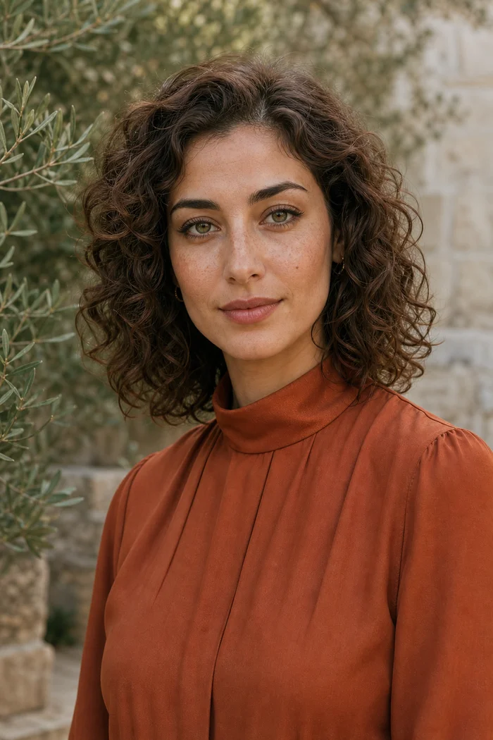 Femme fictive aux boucles brunes courtes, blouse terracotta et regard vert noisette près d’un olivier.