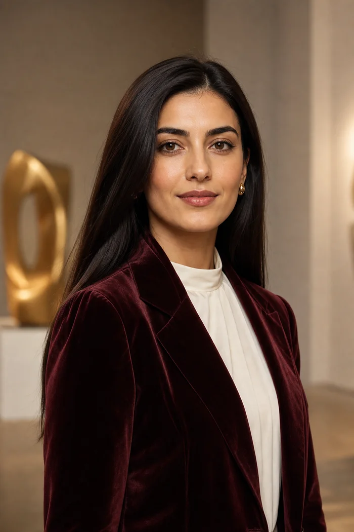 Femme fictive aux cheveux noirs lisses, veste bordeaux en velours et chemisier blanc dans un intérieur aux touches dorées.