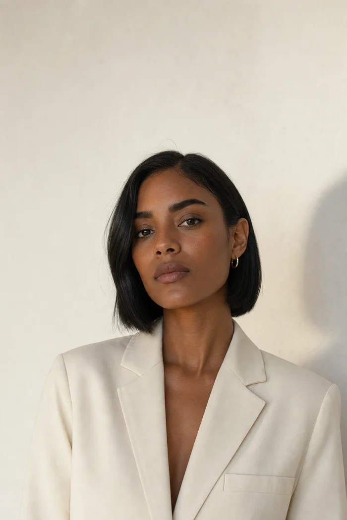 Portrait IA d'une femme fictive à coupe noire lisse, blazer ivoire et fond de studio chaud