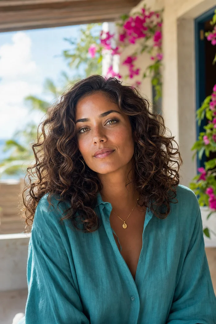 Portrait IA d'une femme fictive aux boucles châtaines, blouse turquoise et bougainvilliers flous