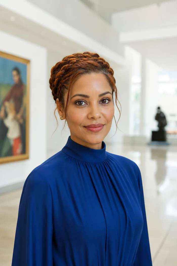 Portrait IA d'une femme fictive à chignon tressé auburn, robe bleu cobalt et galerie lumineuse