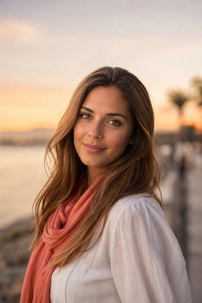 Portrait IA d'une femme fictive aux cheveux brun miel, blouse blanche et foulard corail au soleil couchant