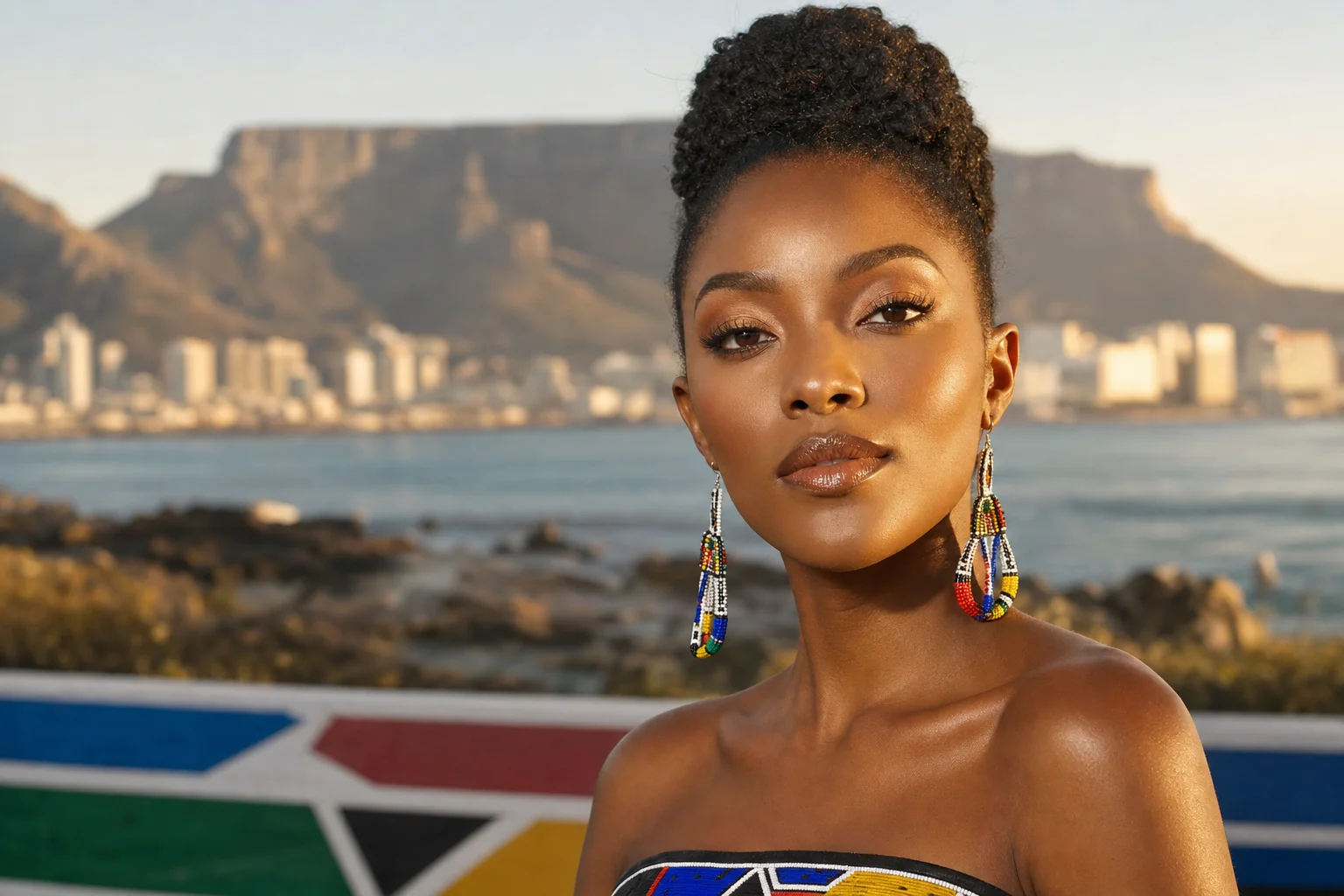 Portrait généré par IA d'une femme sud-africaine fictive aux boucles relevées et boucles d'oreilles perlées devant Table Mountain, ne représente pas une personne réelle