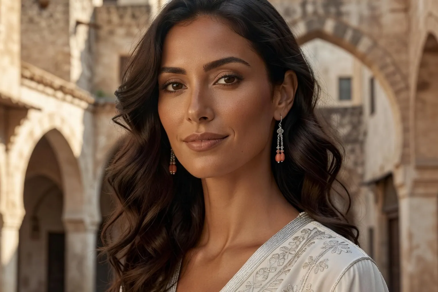 Portrait généré par IA d'une femme algérienne fictive aux cheveux noirs ondulés, caftan ivoire et bijoux kabyles devant des arches de la Casbah d'Alger, ne représente pas une personne réelle