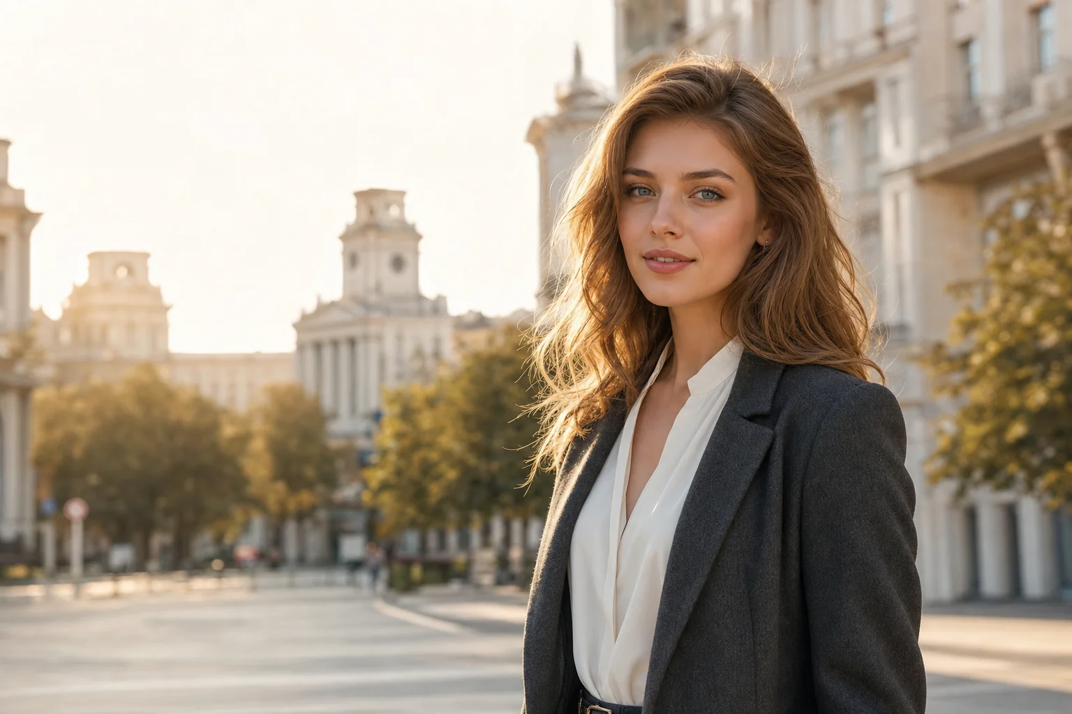 Portrait généré par IA d'une femme adulte fictive devant un décor inspiré de Minsk, ne représente pas une personne réelle