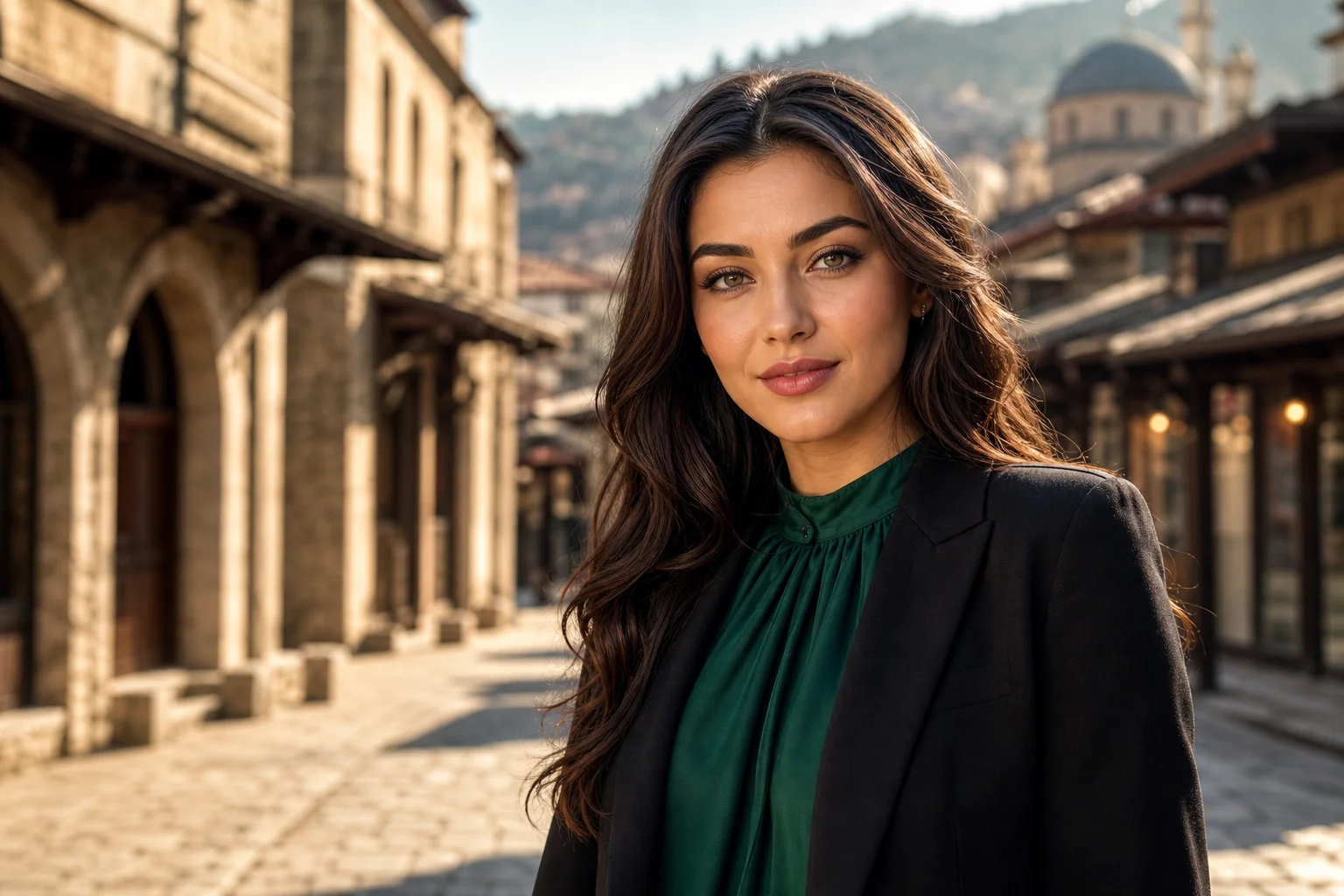 Portrait généré par IA d'une femme brune en blouse verte dans une rue inspirée de Sarajevo, ne représente pas une personne réelle