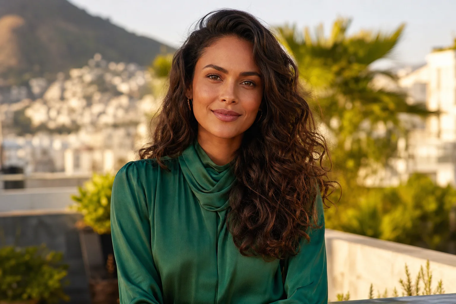 Portrait éditorial d'une femme brésilienne fictive en blouse émeraude sur une terrasse tropicale