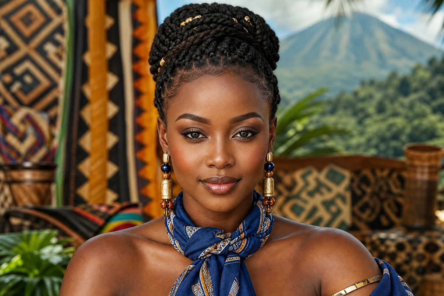Portrait genere par IA d'une femme camerounaise fictive avec tresses relevees, foulard ndop bleu et motifs bamileke en arriere-plan, ne represente pas une personne reelle