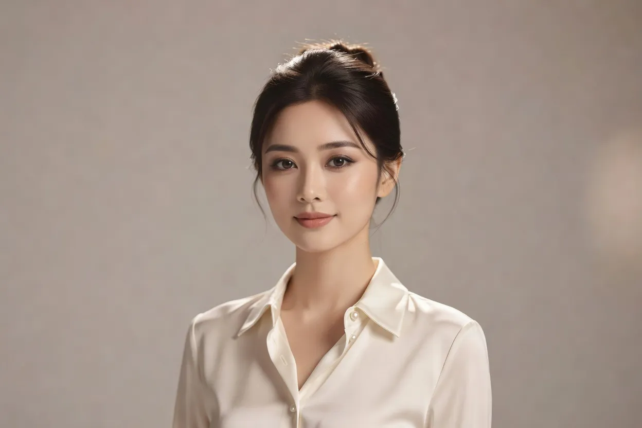 Jeune actrice chinoise au teint clair et à la styliste soignée dans un décor de studio