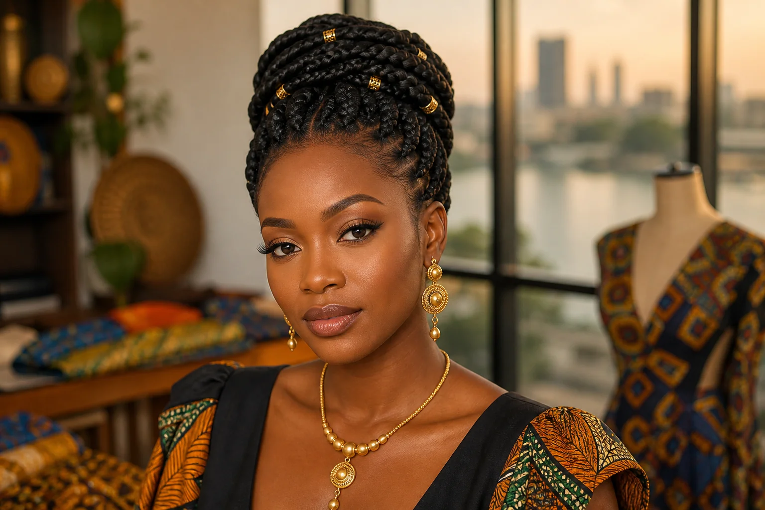 Portrait genere par IA d'une femme ivoirienne fictive avec tresses relevees, bijoux d'or et textiles wax dans un atelier d'Abidjan, ne represente pas une personne reelle