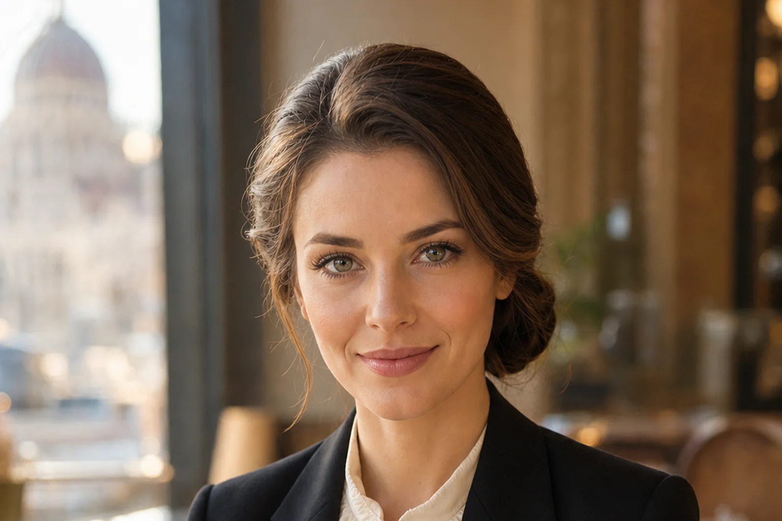 Portrait généré par IA d'une femme adulte fictive dans un café de Budapest avec dôme flouté, ne représente pas une personne réelle