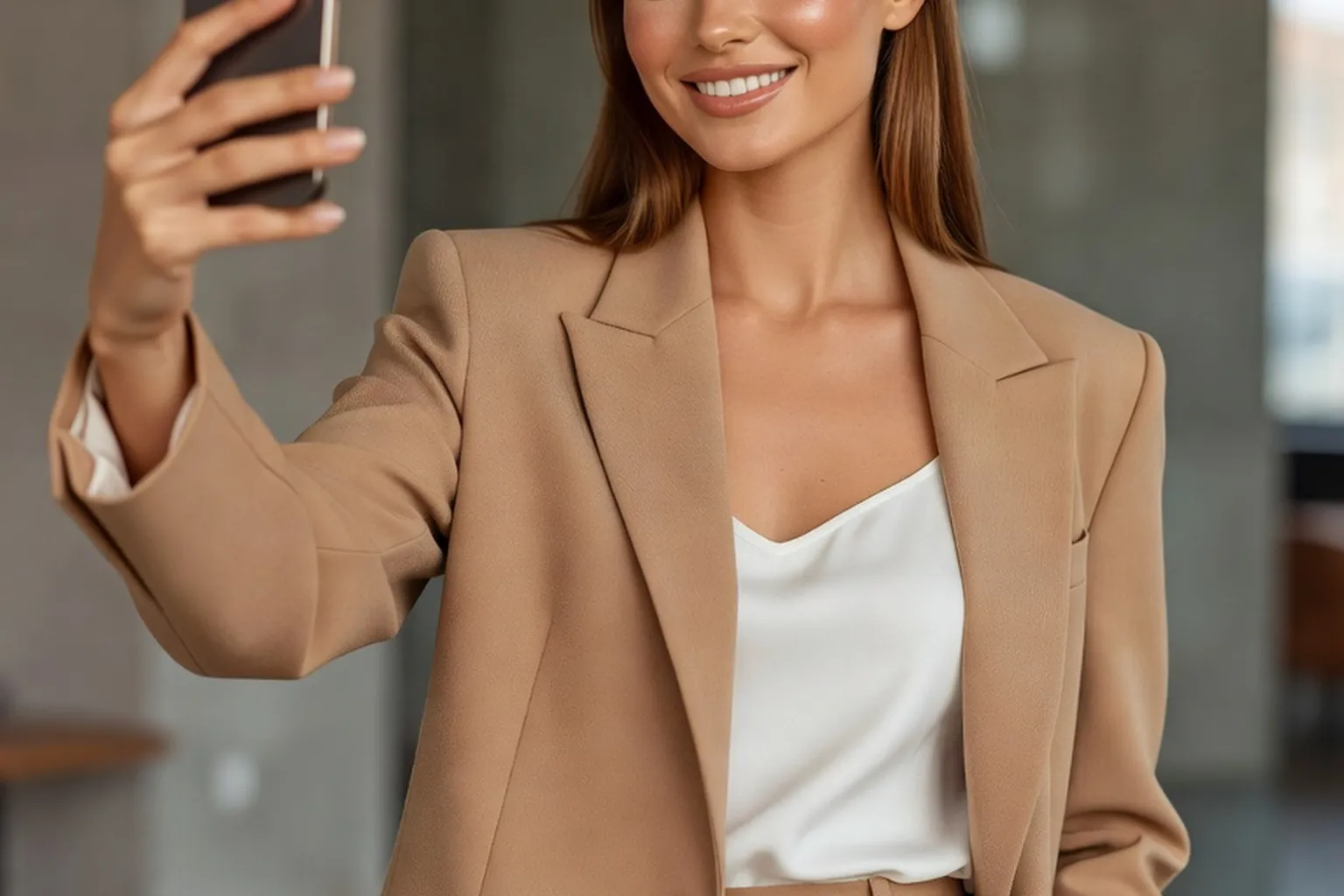 Jeune influenceuse est-européenne filmant du contenu avec un smartphone dans un décor urbain