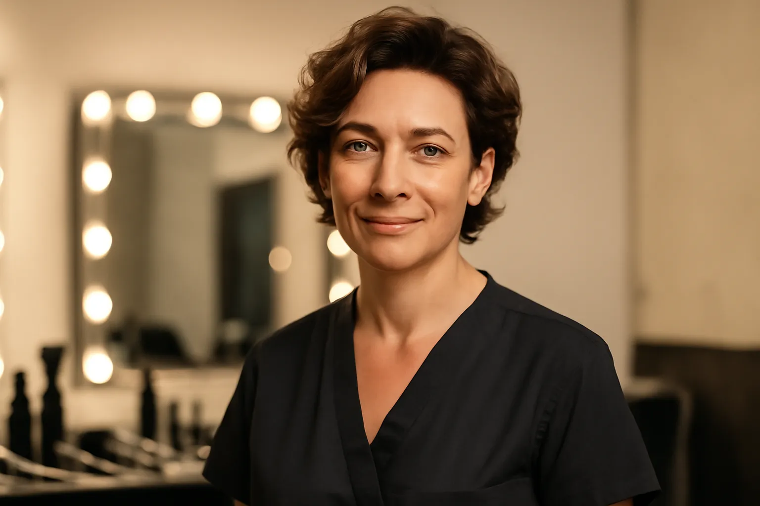 Portrait d'une coiffeuse-styliste professionnelle dans un espace de préparation avec miroirs de loge