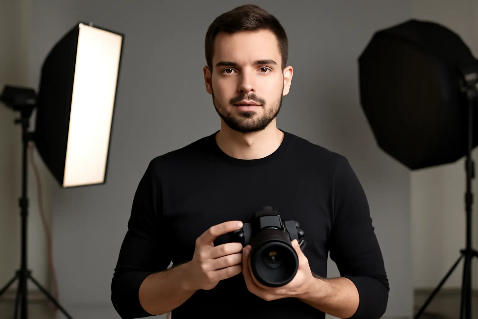 Portrait d'un photographe professionnel tenant un appareil photo dans un studio équipé de projecteurs