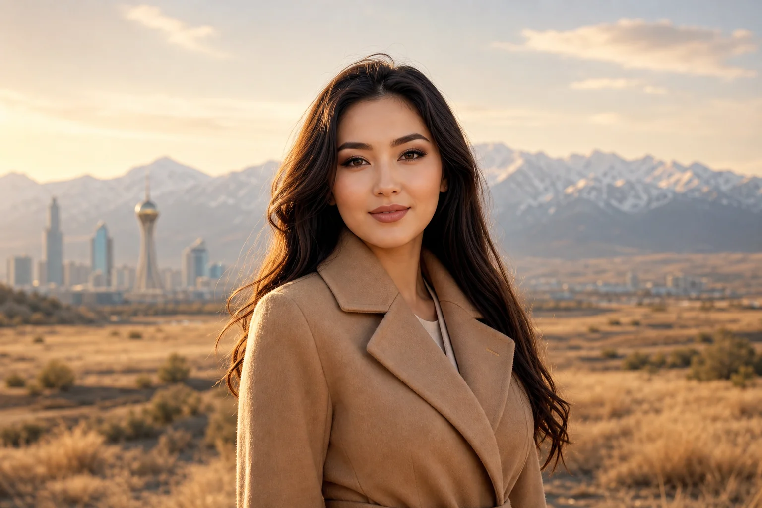 Portrait généré par IA d'une femme illustrant un style de beauté kazakh, ne représente pas une personne réelle