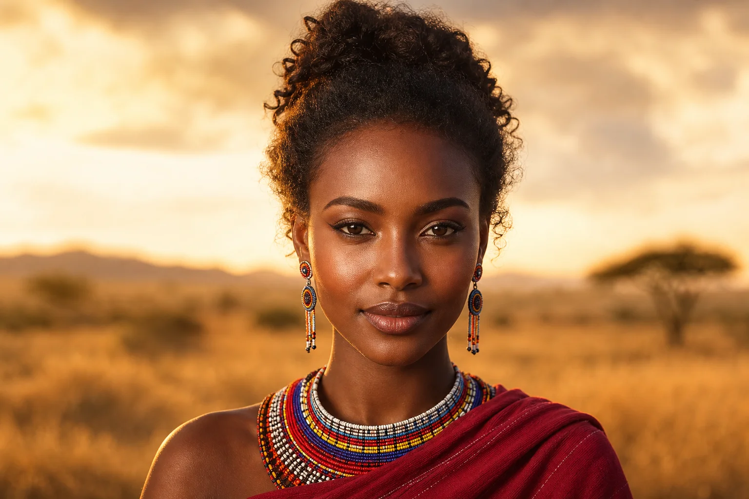 Portrait généré par IA d'une femme kenyane fictive avec parure perlée devant une lumière de savane, ne représente pas une personne réelle