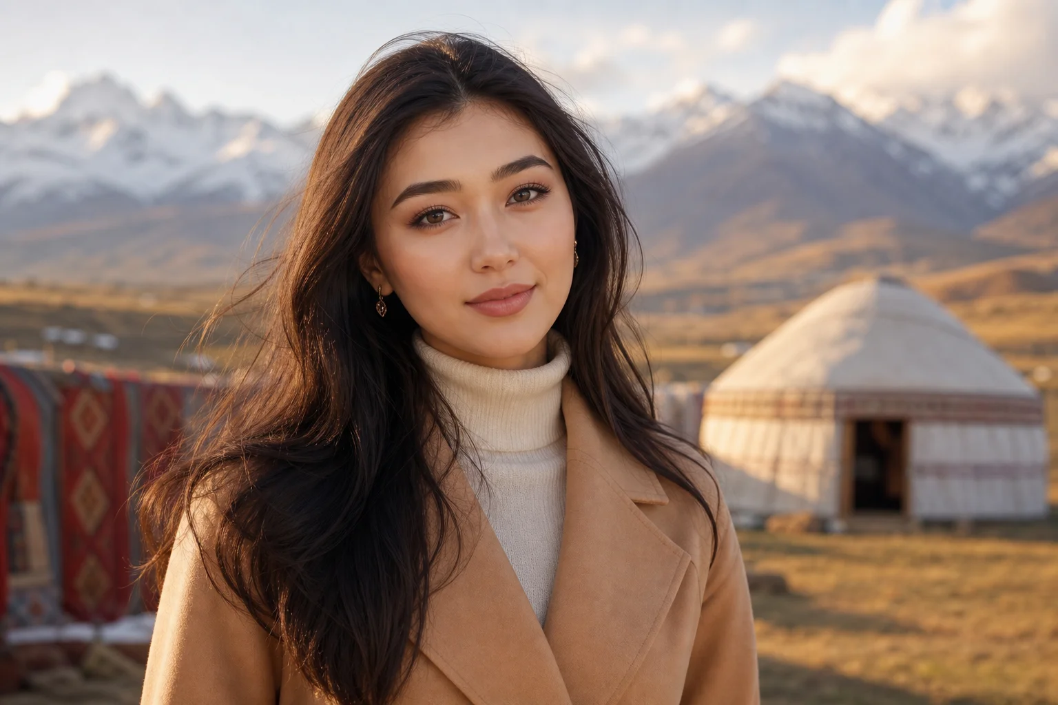Portrait généré par IA d'une femme illustrant un style de beauté kirghiz, ne représente pas une personne réelle