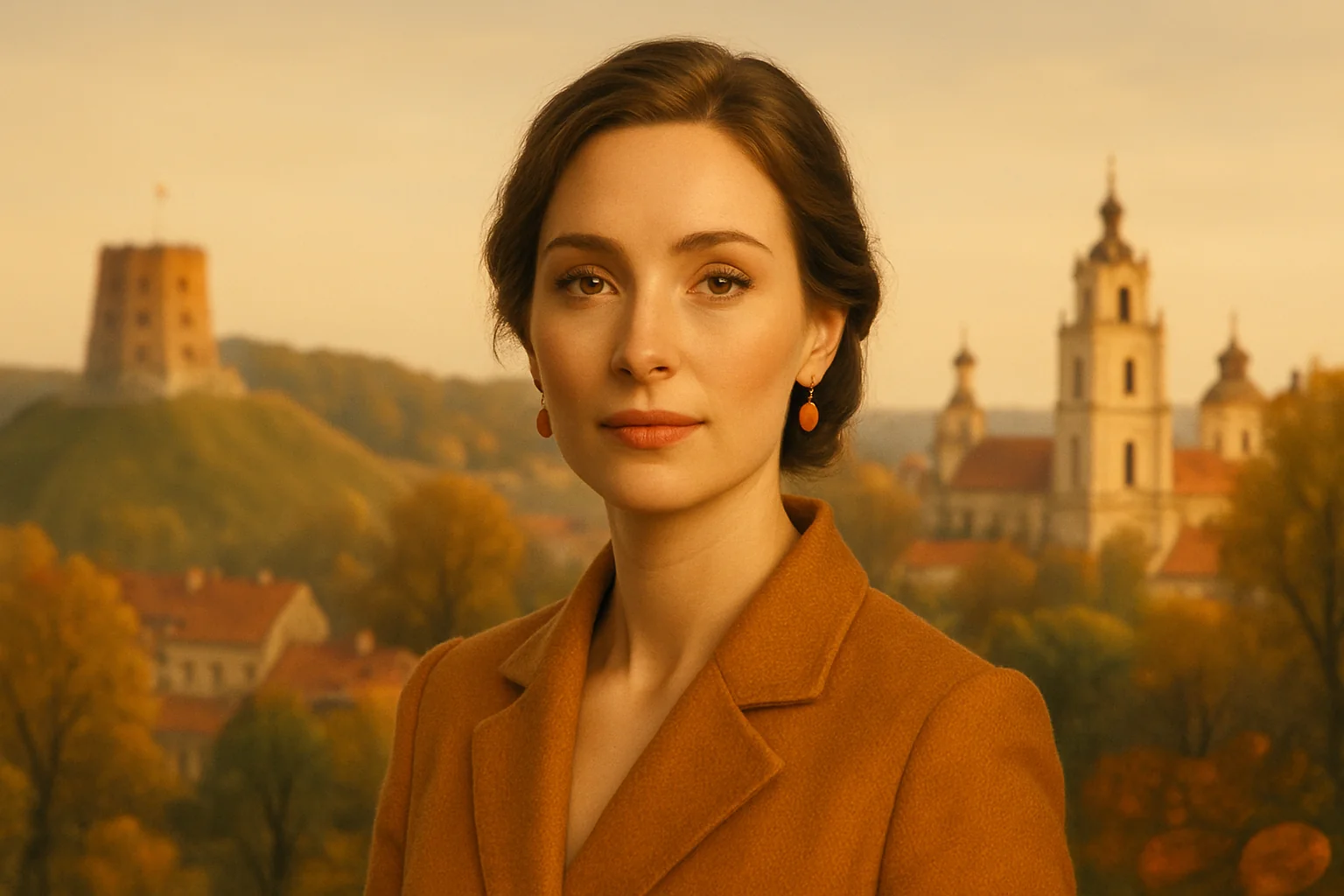 Portrait généré par IA d'une femme adulte fictive devant un décor inspiré de Vilnius, ne représente pas une personne réelle